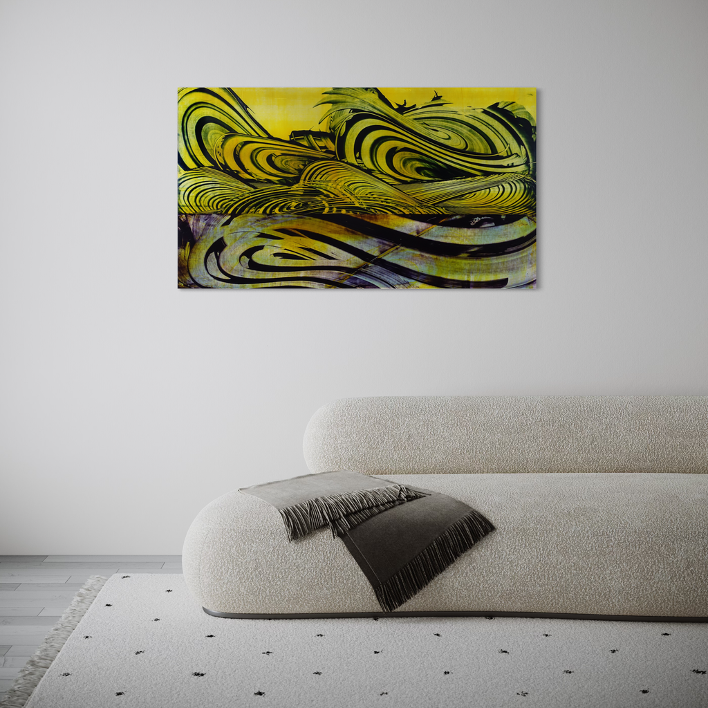 The artwork 'Suffering with Ghosts' by John Cox features dynamic swirling patterns in vibrant yellows and deep blacks, creating abstract waves reminiscent of turbulent energy. Bold brushstrokes in acrylic paint form fluid, spiral movements across the canvas, suggesting emotional depth through contrasting colors and organic flowing forms. 32x57 inches acrylic painting on canvas.