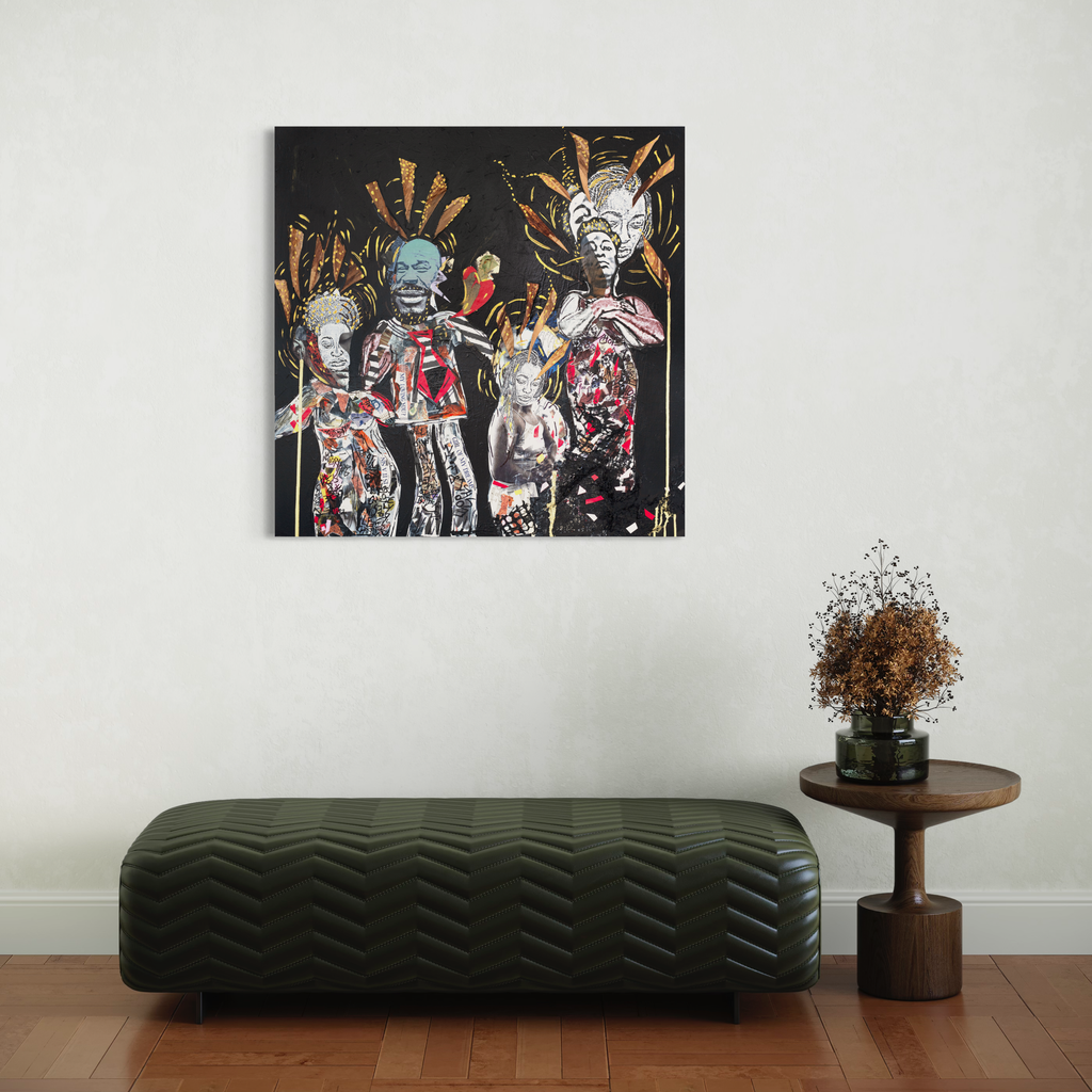 The artwork 'The Choices We Make' by Courtney Minor features a striking collage composition on canvas, depicting abstract figures against a dark background. The piece combines paper cutouts, vibrant splashes of red, and metallic accents forming dynamic crown-like shapes. The 36x36 inch artwork employs mixed media techniques with layered elements creating depth and visual intrigue, expressing themes inspired by J.Cole's 'She Knows'. Work by Courtn