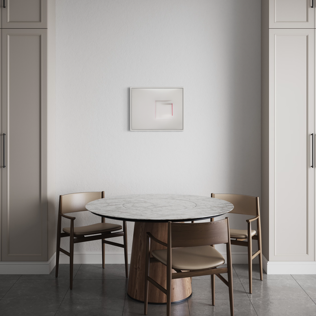 The artwork 'Two Equal Lovers_7' by Debra Ramsay features a minimalist line drawing in ink on polyester resin film, displayed in a contemporary dining space with a round marble-top table and wooden chairs. The artwork's clean geometric composition presents subtle red accents against a light background, measuring 16 x 19 inches. By Debra Ramsay.