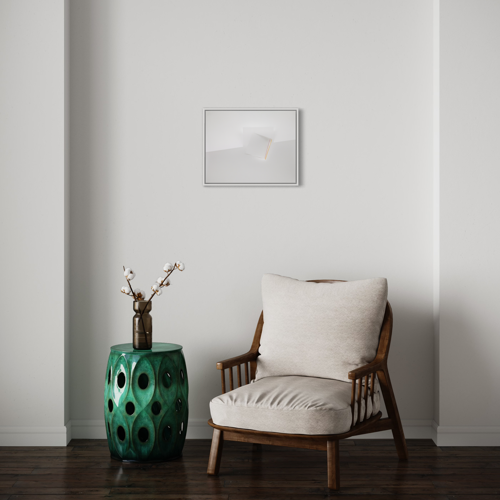 The artwork 'Two Equal Lovers 8' by Debra Ramsay: minimalist ink composition on polyester resin film displayed above mid-century wooden armchair with beige cushions. Accompanied by emerald green ceramic garden stool with geometric cutouts and delicate cotton stems in vase, creating a serene contemporary living space setting. By Debra Ramsay.