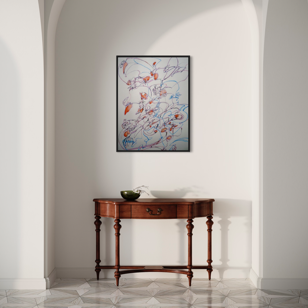 The artwork 'Apex' by Megan Olson features dynamic abstract brushstrokes in coral red and soft blue hues, creating a fluid, organic composition on white paper. The delicate ink lines interweave with gouache elements, suggesting natural movement and energy. Framed in black, this 37x29 inch piece combines gestural expression with ethereal lightness. By Megan Olson.