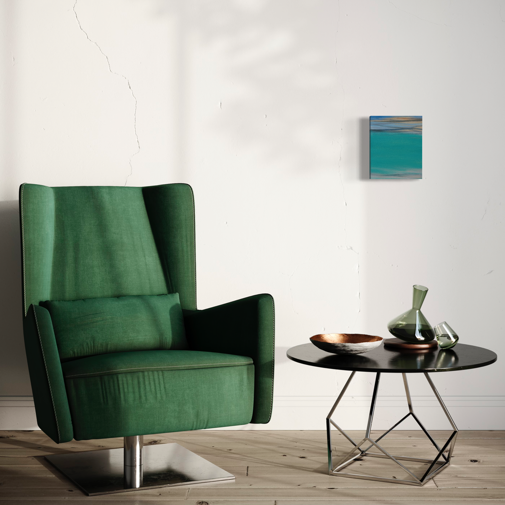 A photo of the artwork Waves, by Bob Melzmuf, hanging on a wall.