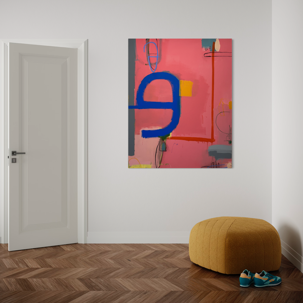 The artwork 'Double e' by Janice La Motta features a bold abstract composition with a vibrant pink background and a prominent blue curved shape resembling an 'e'. Linear elements in red and subtle geometric forms create dynamic movement across the 48x60 inch acrylic canvas, demonstrating contemporary abstract expressionism - by Janice La Motta