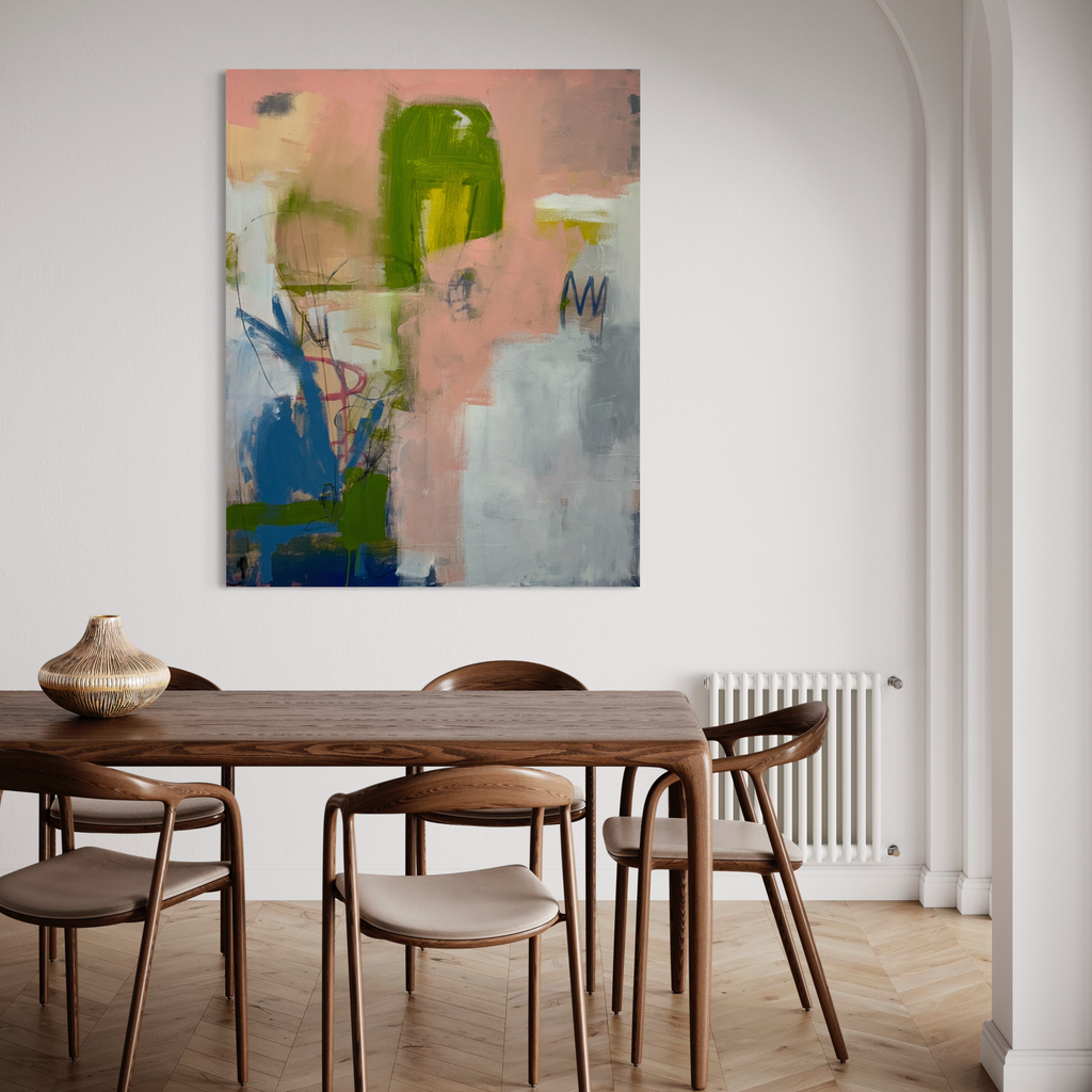 The artwork 'Father's Day' by Janice La Motta features an abstract composition on linen with bold brushstrokes in salmon pink, vibrant green, and deep blue hues. The painting displays dynamic gestural marks against misty gray areas, creating a balanced interplay of colors and negative space, showcasing contemporary expressionist style on a 60x48 inch canvas by Janice La Motta.