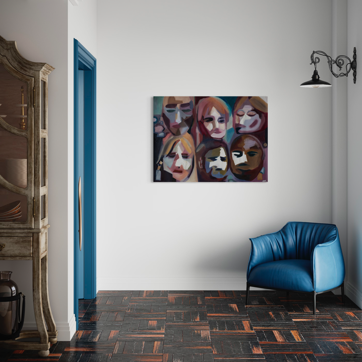The artwork 'Fighting Blind' features an expressive oil painting depicting abstract faces in muted tones of purple, brown, and orange, showcasing emotional depth through stylized portraiture. The contemporary piece, sized 36x48 inches, displays a unique arrangement of overlapping facial expressions on canvas by Chelsie Sunde.