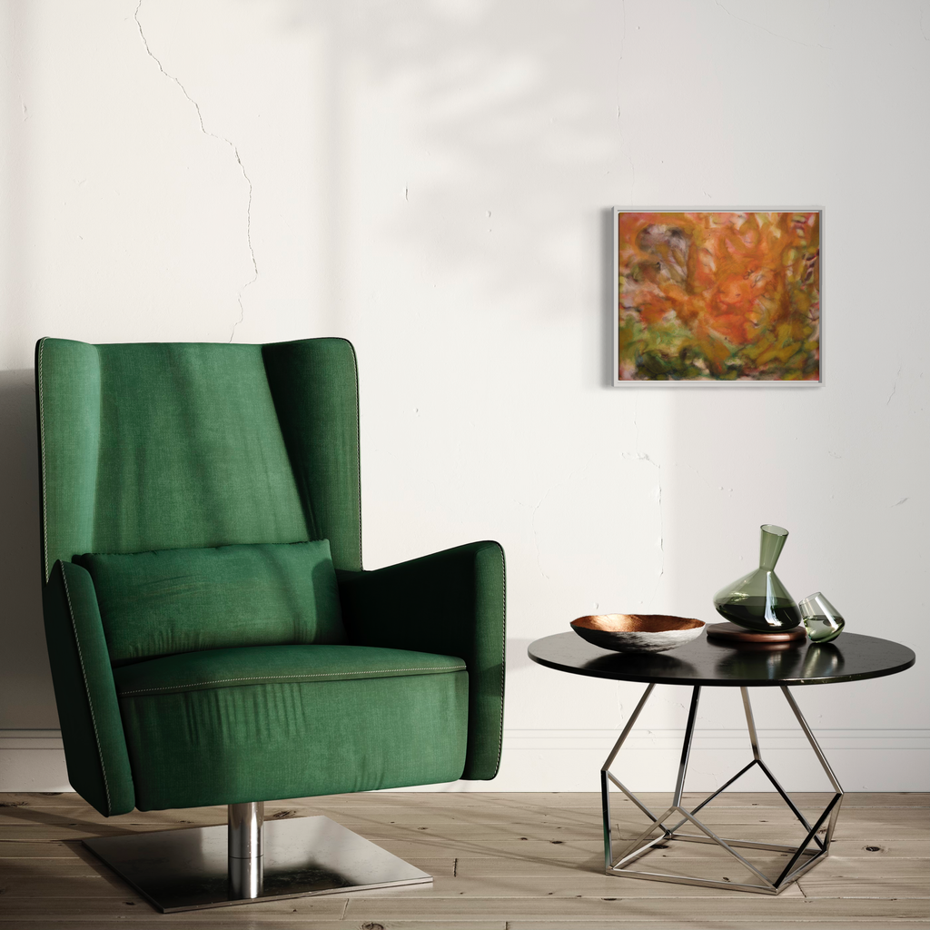 The artwork 'Flood (3)' by Diana Naccarato features an elegant modern interior setting with an emerald green velvet wingback chair, black geometric side table with decorative vessels, and hardwood flooring. The framed abstract artwork displays warm orange and green tones, complementing the room's sophisticated design - by Diana Naccarato