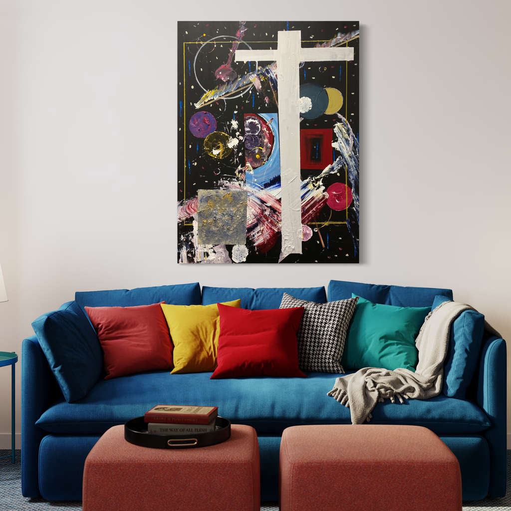 The artwork 'Galaxy Cross' by Dom Hiddo features a striking white cross against a cosmic black background, surrounded by vibrant splashes of pink, yellow, and purple abstract forms resembling planets and celestial bodies. Dynamic paint splatters and metallic elements create a modern mixed-media composition on 48x36 inch canvas using acrylic and oil paints by Dom Hiddo.