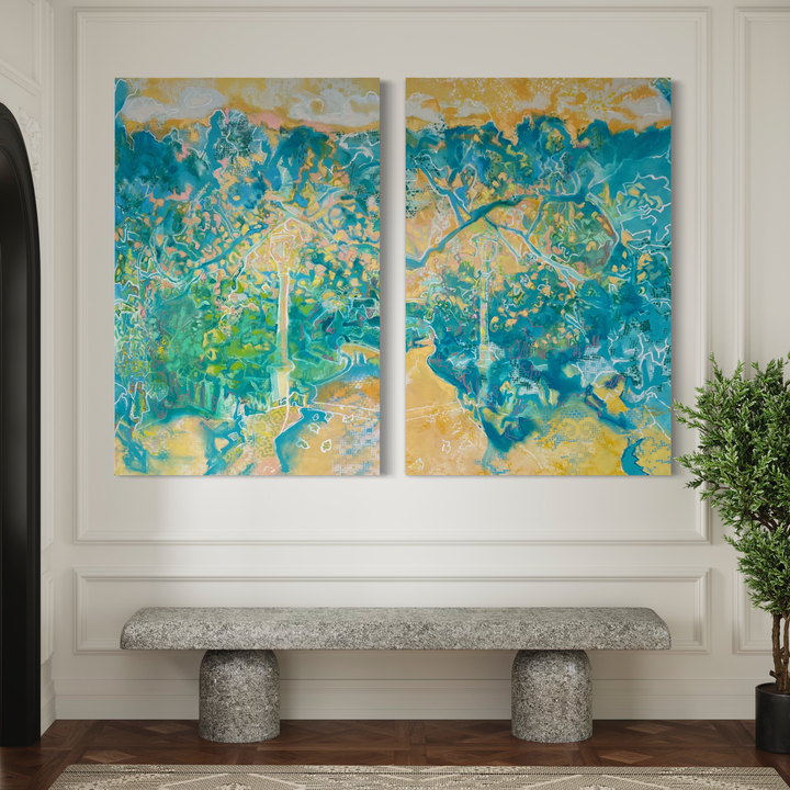 Garden Path (Diptych) by Rebecca Darlington features two vibrant abstract panels with swirling turquoise and golden hues, creating an ethereal landscape effect. The mixed media artwork combines spray paint and oil techniques, producing dynamic textures and fluid patterns that evoke a dreamy garden scene. The composition showcases organic forms in rich aqua blues merging with luminous yellow tones.