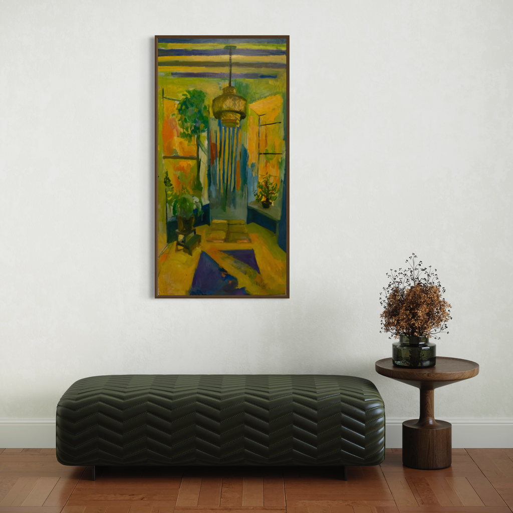 The artwork 'Golden Dawn' by Darren Singer features a vertical oil painting on birch wood depicting an interior scene with a hanging brass chandelier, vibrant yellow walls, and lush green plant elements. Abstract geometric shapes in deep blues and golden hues create a modernist aesthetic, with dramatic vertical lines suggesting architectural depth. 48x24 inches oil painting by Darren Singer.