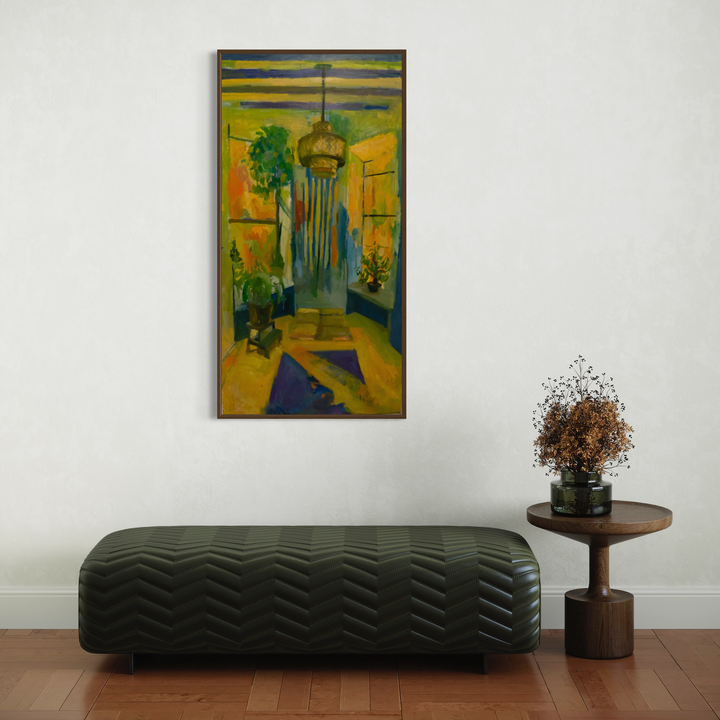 The artwork 'Golden Dawn' by Darren Singer features a vertical oil painting on birch wood depicting an interior scene with a hanging brass chandelier, vibrant yellow walls, and lush green plant elements. Abstract geometric shapes in deep blues and golden hues create a modernist aesthetic, with dramatic vertical lines suggesting architectural depth. 48x24 inches oil painting by Darren Singer.