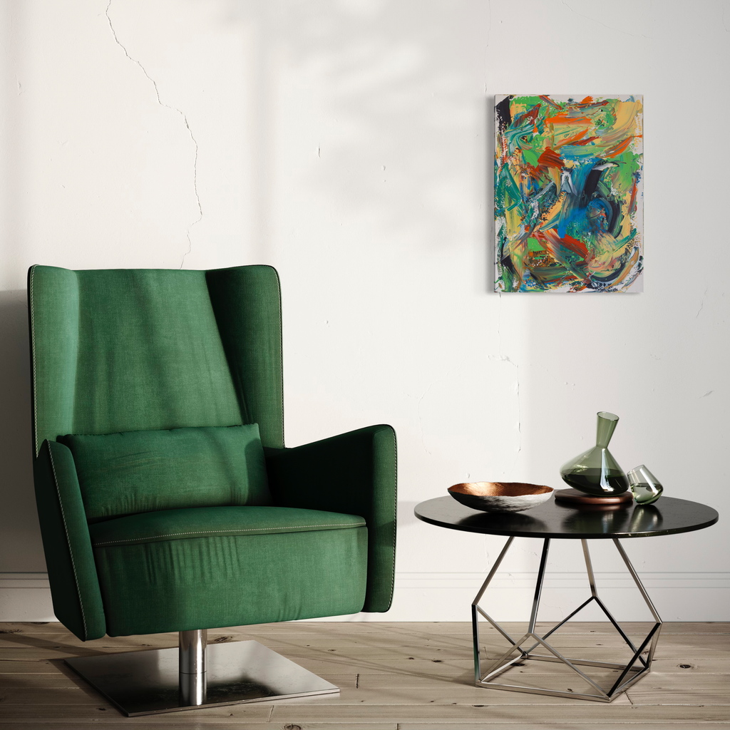 The artwork 'If I'll Still Be Ok' by Cole Douglas features dynamic abstract swirls of vibrant turquoise, orange, and green acrylic paint on canvas, displayed above a modern emerald green armchair. The painting's energetic brushstrokes create fluid movement against a minimalist contemporary room setting with light wooden flooring and white walls. 18x24 inches acrylic on canvas by Cole Douglas.