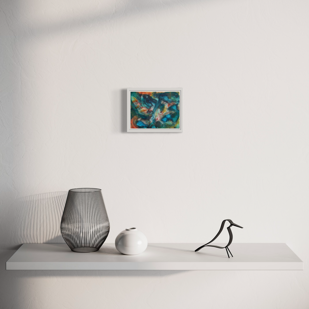 The artwork 'Lifting' by Diana Naccarato features vibrant turquoise and golden abstract swirls in acrylic paint on paper, displayed in a white frame on a minimalist wall shelf alongside decorative objects including a wire mesh vase, white ceramic sphere, and black wire bird sculpture.