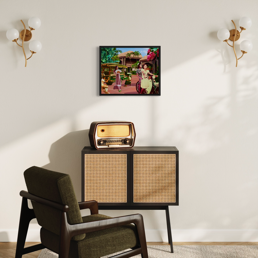 The artwork 'Mahal kita' by Katasi Kulubya features a colorful digital collage displayed in a modern interior setting above a vintage-style cabinet with cane webbing. The room includes brass sconces with globe lights, a mid-century modern green armchair, and a retro radio. The framed artwork depicts a vibrant Filipino scene with lush tropical elements and architectural details, measuring 16 x 20 inches.