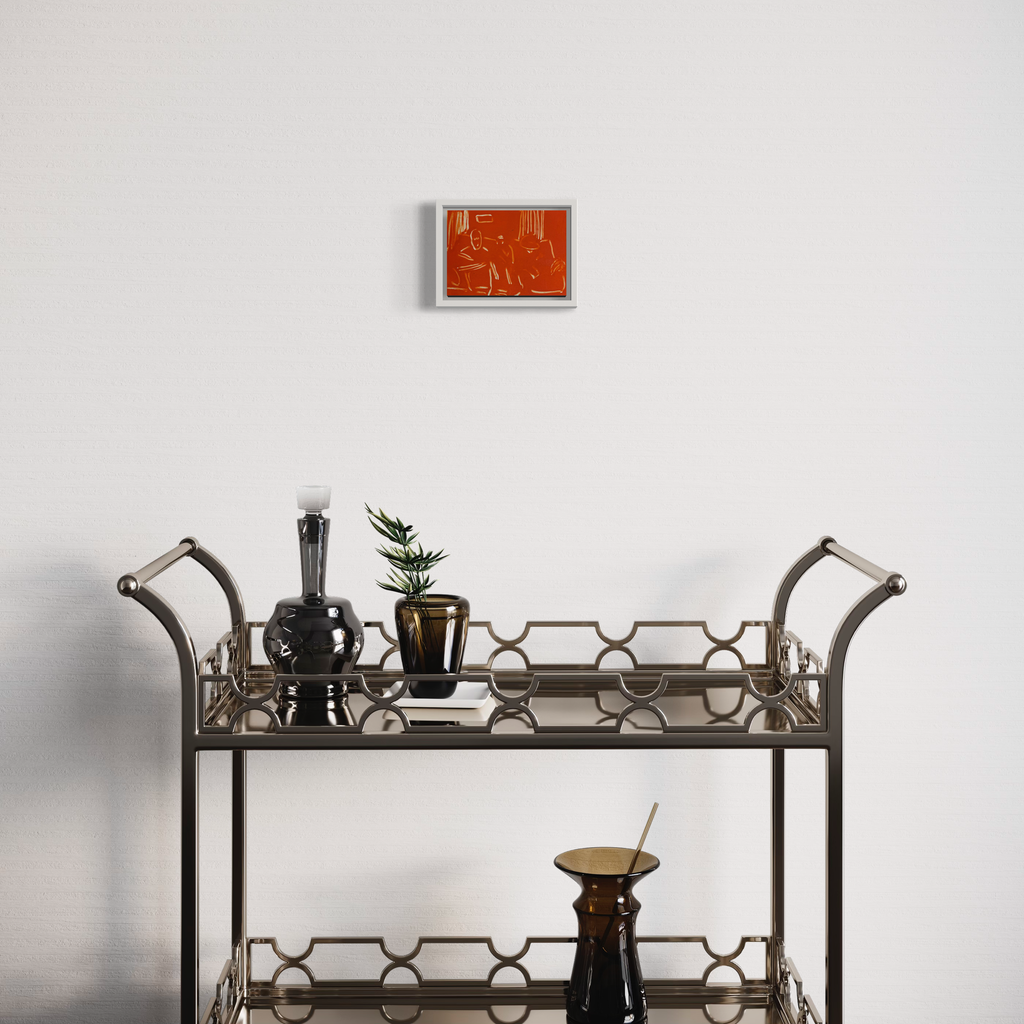 Orange Living Room V by Chelsie Sunde: Abstract monotype print featuring minimal line drawings on vibrant orange background. Cream-colored gestural strokes suggest furniture elements and interior space, with vertical lines implying curtains or wall features. 6x8 inches artwork capturing modernist living room essence through expressive mark-making.