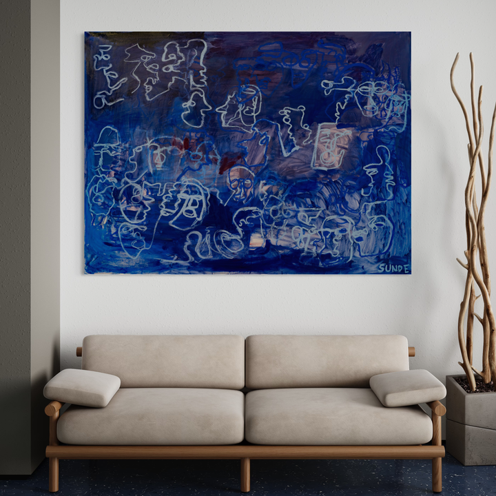 The artwork 'People Watching at the Met' by Chelsie Sunde features abstract figures rendered in ethereal white brushstrokes against a deep midnight blue background. The composition creates a flowing, dreamlike atmosphere with gestural forms appearing to float and interact across the canvas, suggesting movement and social dynamics in oil paint.