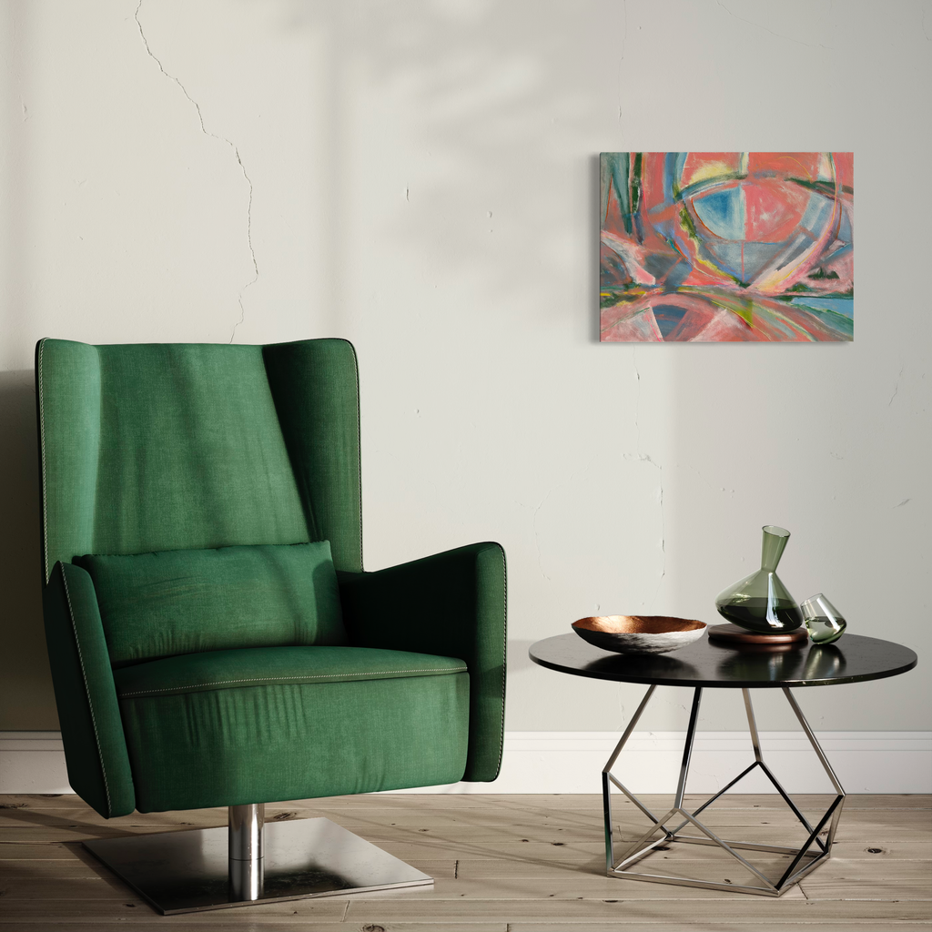 The artwork 'Pink Prism' by Beth Barry features abstract geometric shapes in vibrant coral pink, turquoise, and salmon hues. The acrylic painting on canvas showcases dynamic brushstrokes and overlapping curved forms, creating a contemporary abstract composition with energetic movement and balanced color harmony. 18x24 inches artwork by Beth Barry.