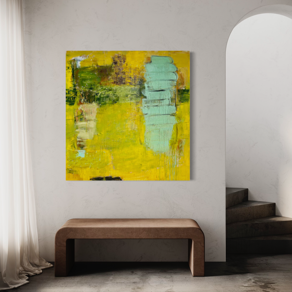 The artwork 'Pssst, I'm over here' by Petra Nimtz features a vibrant abstract composition with a dominant yellow background and striking turquoise vertical forms. Textured brushstrokes create depth through layers of oil paint on linen, with green accents and subtle white elements adding dynamic contrast. Modern minimalist style, 45x49 inches. By Petra Nimtz.
