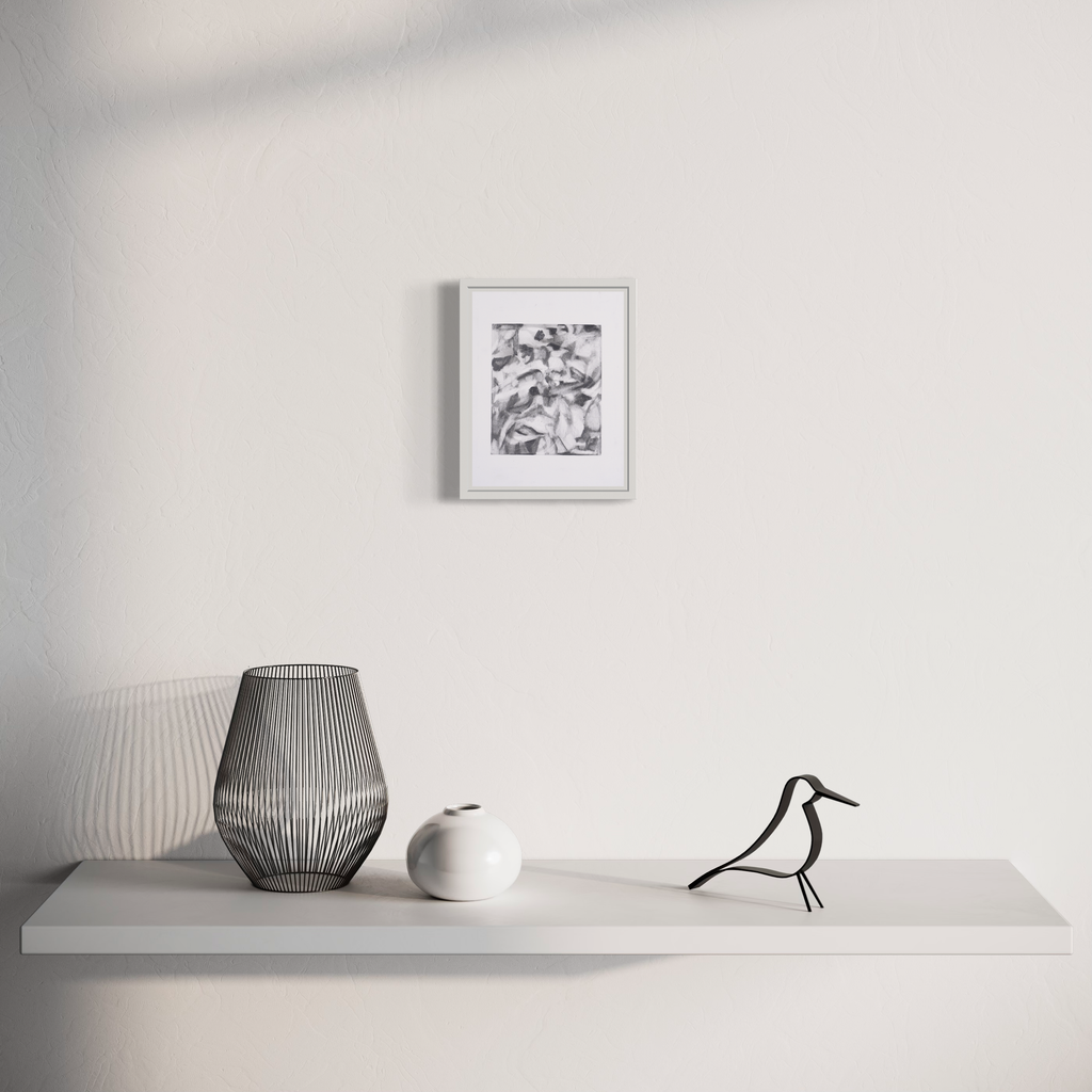 The artwork 'Reflections' by Diana Naccarato: Minimalist monochromatic display featuring a framed pencil drawing above a white floating shelf, adorned with a wire-frame vase, ceramic white sphere, and decorative bird figure. 8x6 inch artwork in simple white frame creates serene composition.