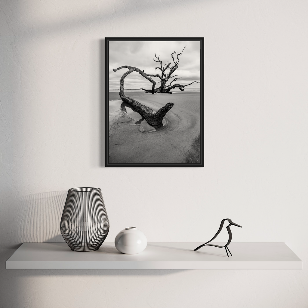 The artwork 'Resilience' by Dennis Maida captures a striking black and white photograph of a weathered driftwood tree emerging from rippled beach sand. The gnarled branches twist dramatically against an overcast sky, creating a powerful composition of natural sculpture against a minimalist seascape background.