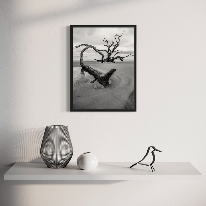 The artwork 'Resilience' by Dennis Maida captures a striking black and white photograph of a weathered driftwood tree emerging from rippled beach sand. The gnarled branches twist dramatically against an overcast sky, creating a powerful composition of natural sculpture against a minimalist seascape background.