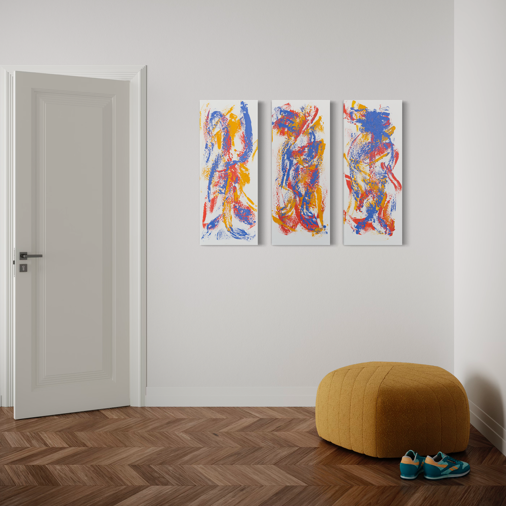 The artwork 'Running - 3 Panels' by Cole Douglas features dynamic abstract expressionist triptych in vibrant orange, blue, and yellow acrylic on canvas. Each panel displays energetic brushstrokes and fluid movement, creating a sense of motion and rhythm across the three white-mounted vertical canvases. The composition suggests athletic movement through bold, gestural marks.