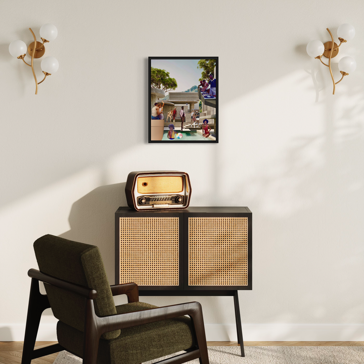 The artwork 'Saturday Love' by Katasi Kulubya features a lively digital collage depicting figures in an outdoor setting. Set against a vibrant background, the composition combines urban and natural elements with geometric shapes. The 16x20 inch print showcases a contemporary style with warm colors and layered textures, framed in black and displayed above a vintage-style cabinet. By Katasi Kulubya.