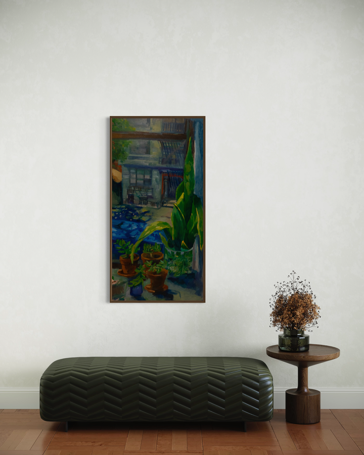 The artwork 'Snakes' by Darren Singer depicts a vibrant interior scene with lush green plants and blue accents, painted in oil on birch wood. The vertical composition showcases potted flora against a mysterious interior backdrop, creating a moody atmospheric effect through deep colors and organic forms. The 48x24 inch painting combines architectural elements with botanical subjects. By Darren Singer.