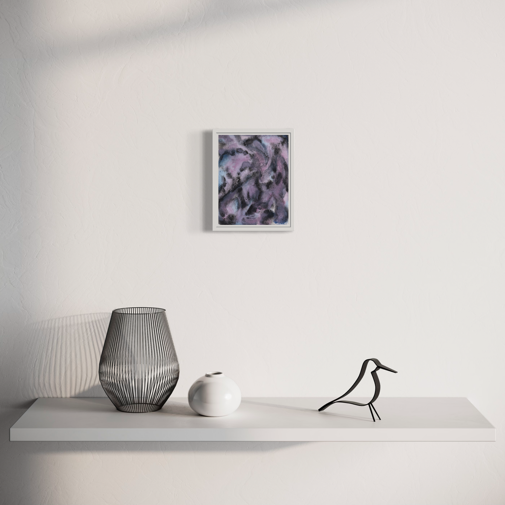 The artwork 'Soul Away (2)' by Diana Naccarato features swirling abstract patterns in deep purples and grays, created with acrylic and clay on paper. The framed piece presents a moody, ethereal composition with fluid brushstrokes and textural elements. Display shows artwork on white wall above modern shelf with minimalist decor. 8x6 inches.