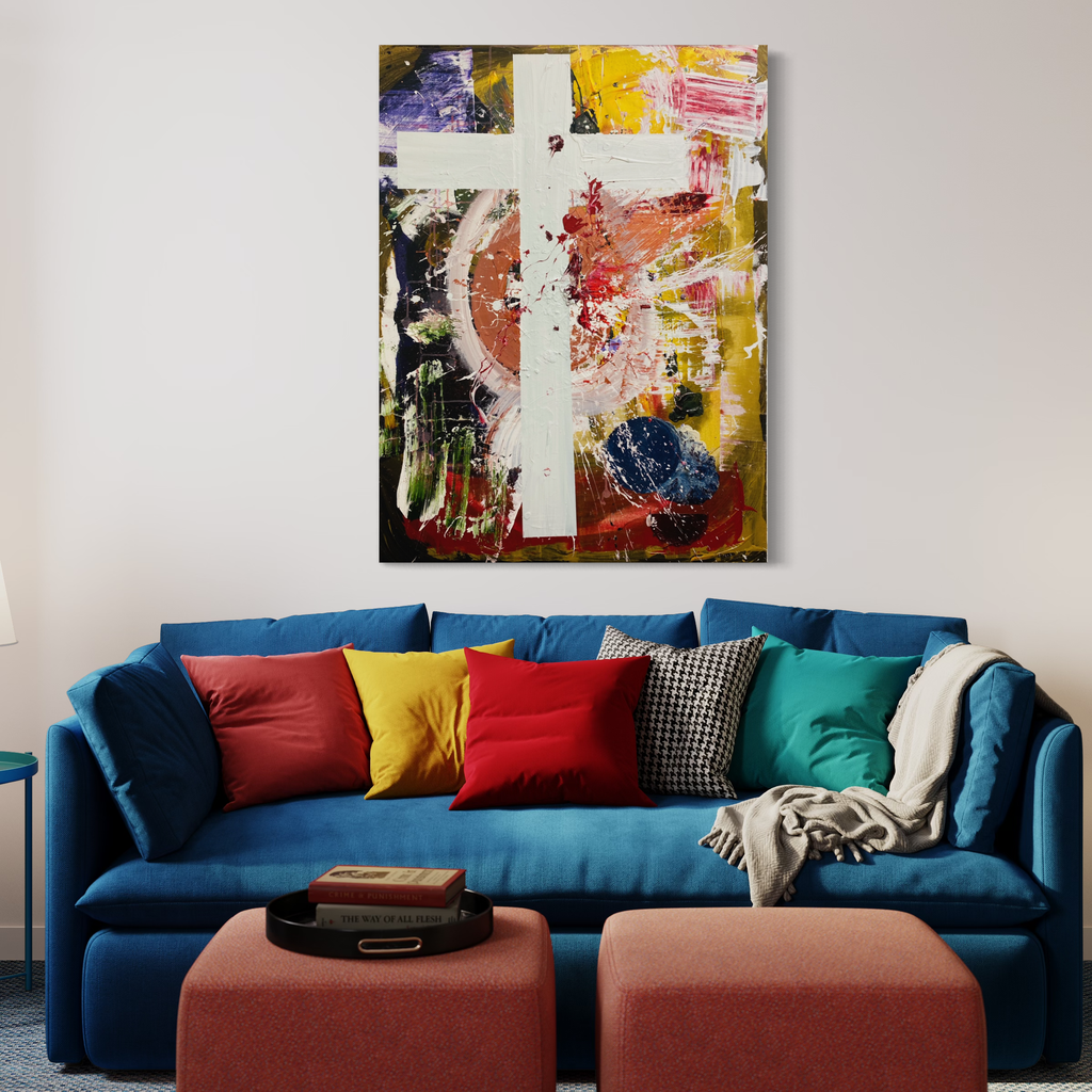 The artwork 'Sunset Cross' by Dom Hiddo features a striking white cross against an abstract expressionist background of vibrant yellows, reds, and deep blues. Bold brushstrokes and splattered paint create dynamic movement, while acrylic and oil mediums blend to produce rich textural elements on canvas. The composition balances spiritual symbolism with contemporary artistic techniques.