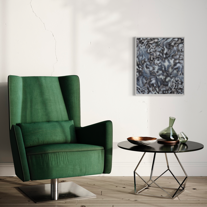The artwork 'Sway' by Diana Naccarato features abstract swirling patterns in shades of blue and gray created with acrylic and charcoal on canvas. The textured composition appears to flow dynamically across the framed 24x20 inch surface, creating a mesmerizing sense of movement and depth through layered brushstrokes and charcoal marks.