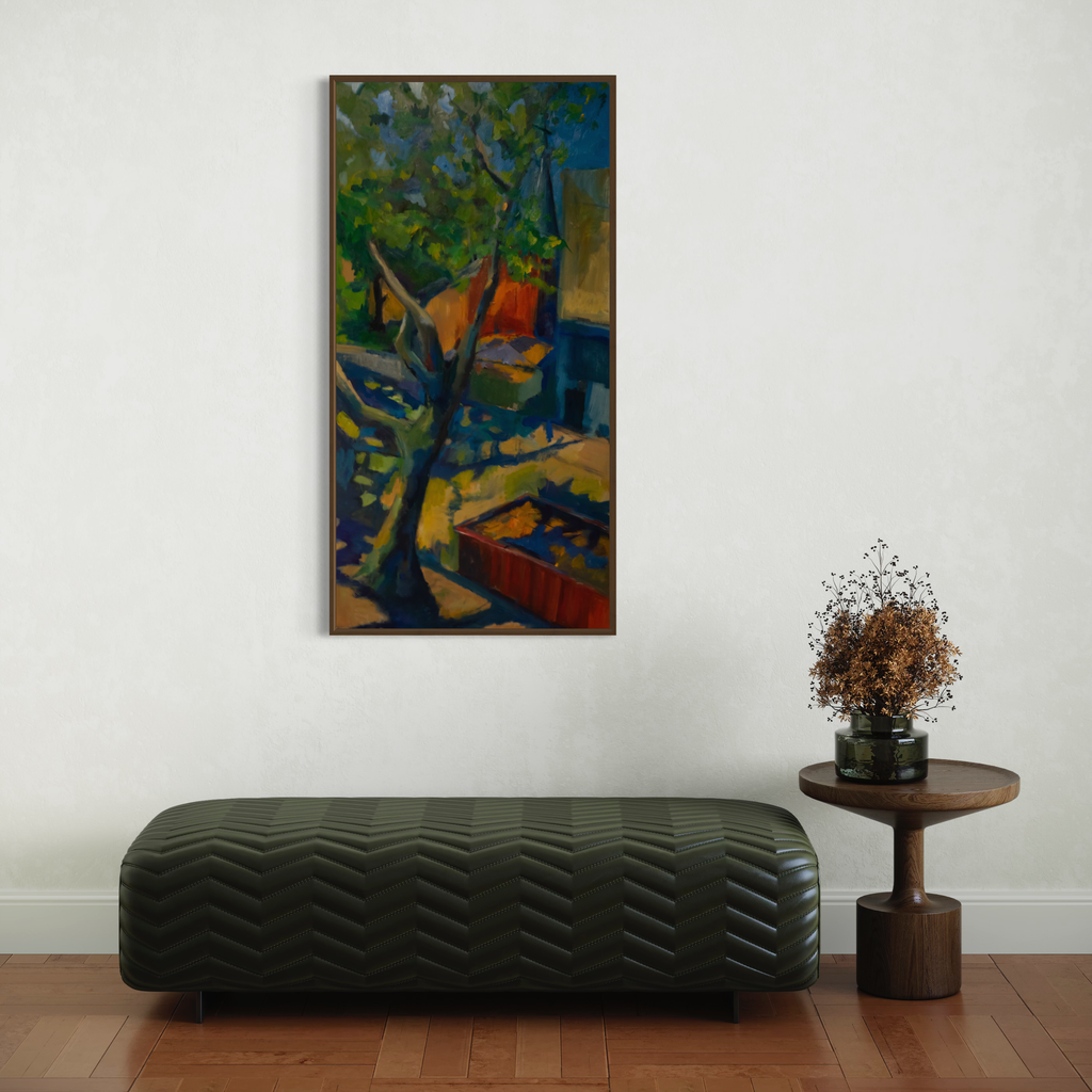 The artwork 'Sycamore' by Darren Singer features a vibrant oil painting on birch wood depicting a majestic tree with bold blues and greens in the canopy. Rich orange and earthy tones illuminate the background, creating a dynamic contrast. The semi-abstract composition captures the tree's organic form against geometric architectural elements, measuring 48x24 inches. By Darren Singer.