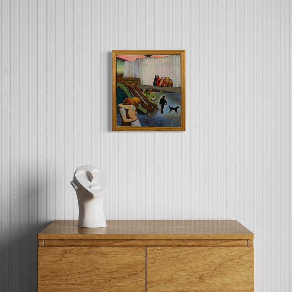 The artwork 'Tattoo' by Ray Borchers features abstract figures near water, collaged paper elements in earth tones, wooden frame by Ray Borchers