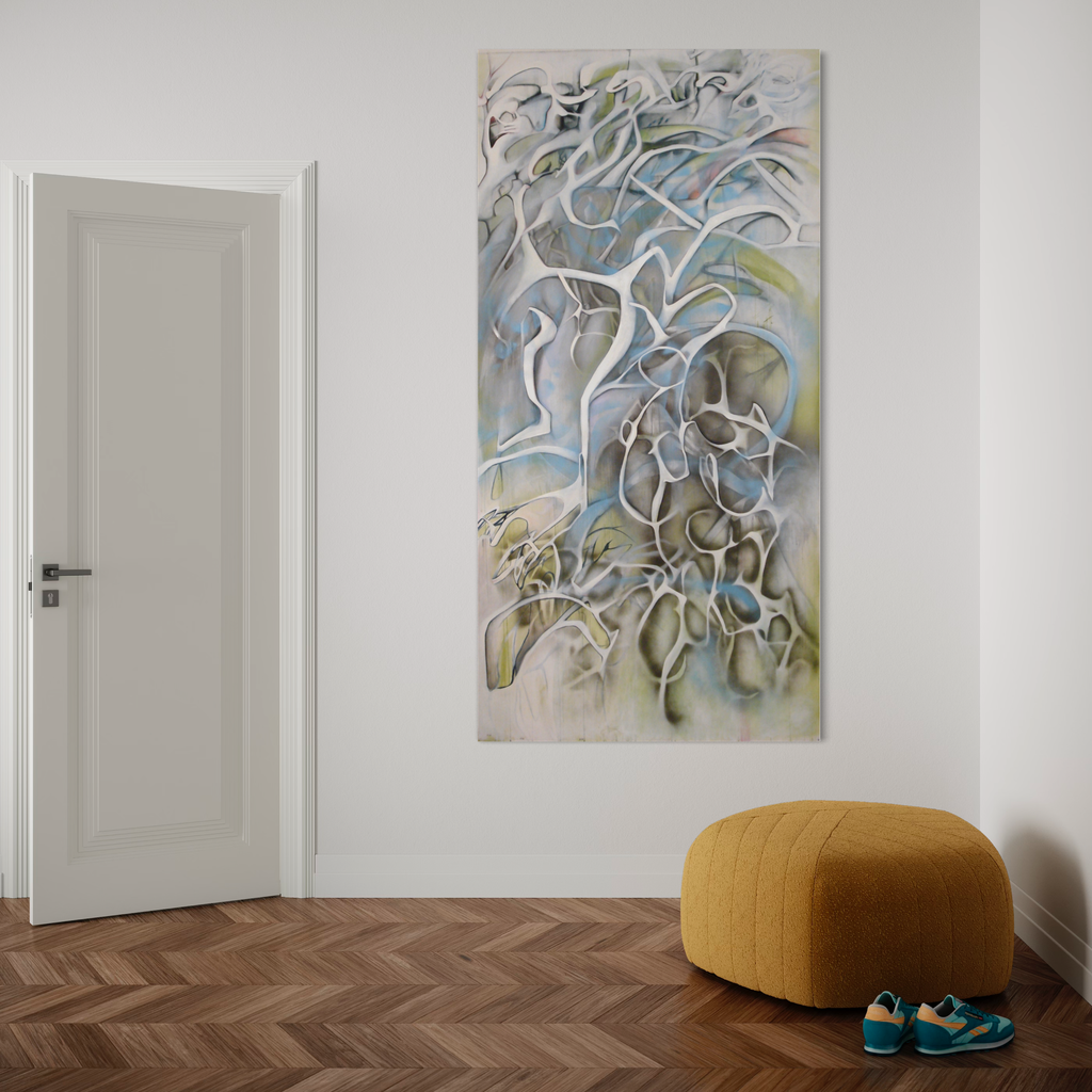 The artwork 'Until Then' by Megan Olson features flowing abstract lines in white and gray tones swirling across a soft blue and yellow background. The dynamic composition combines spray paint, ink, and pastel creating ethereal, organic forms that appear to dance across the paper. The large-scale piece showcases fluid movements and subtle color transitions, framed elegantly against a white wall. By Megan Olson.