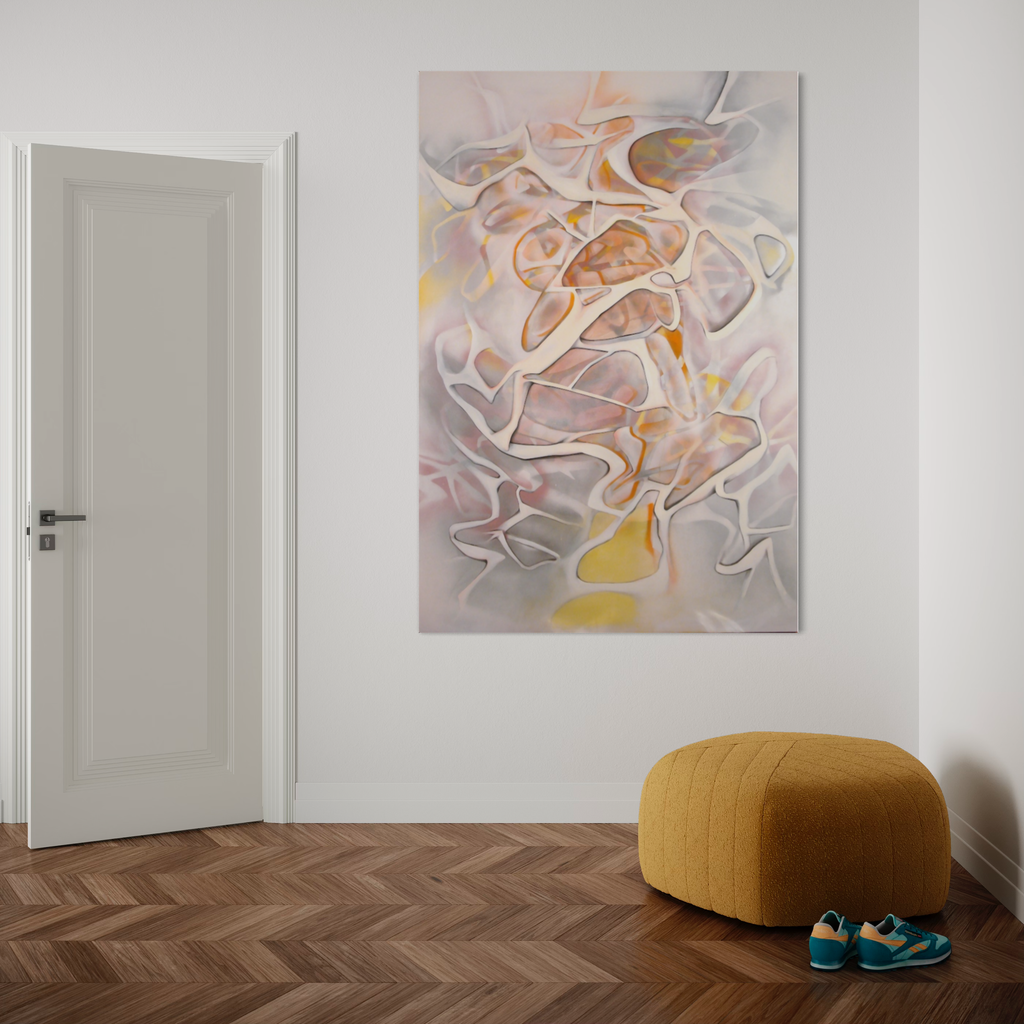 The artwork 'Untitled' by Megan Olson features ethereal abstract forms in soft pastel hues of pink, gray, and golden yellow. Flowing organic shapes create a dreamlike composition, with delicate white outlines defining fluid movements across the linen canvas. Created with spray paint and oil, the piece showcases a harmonious blend of gentle curves and ethereal transitions. By Megan Olson.