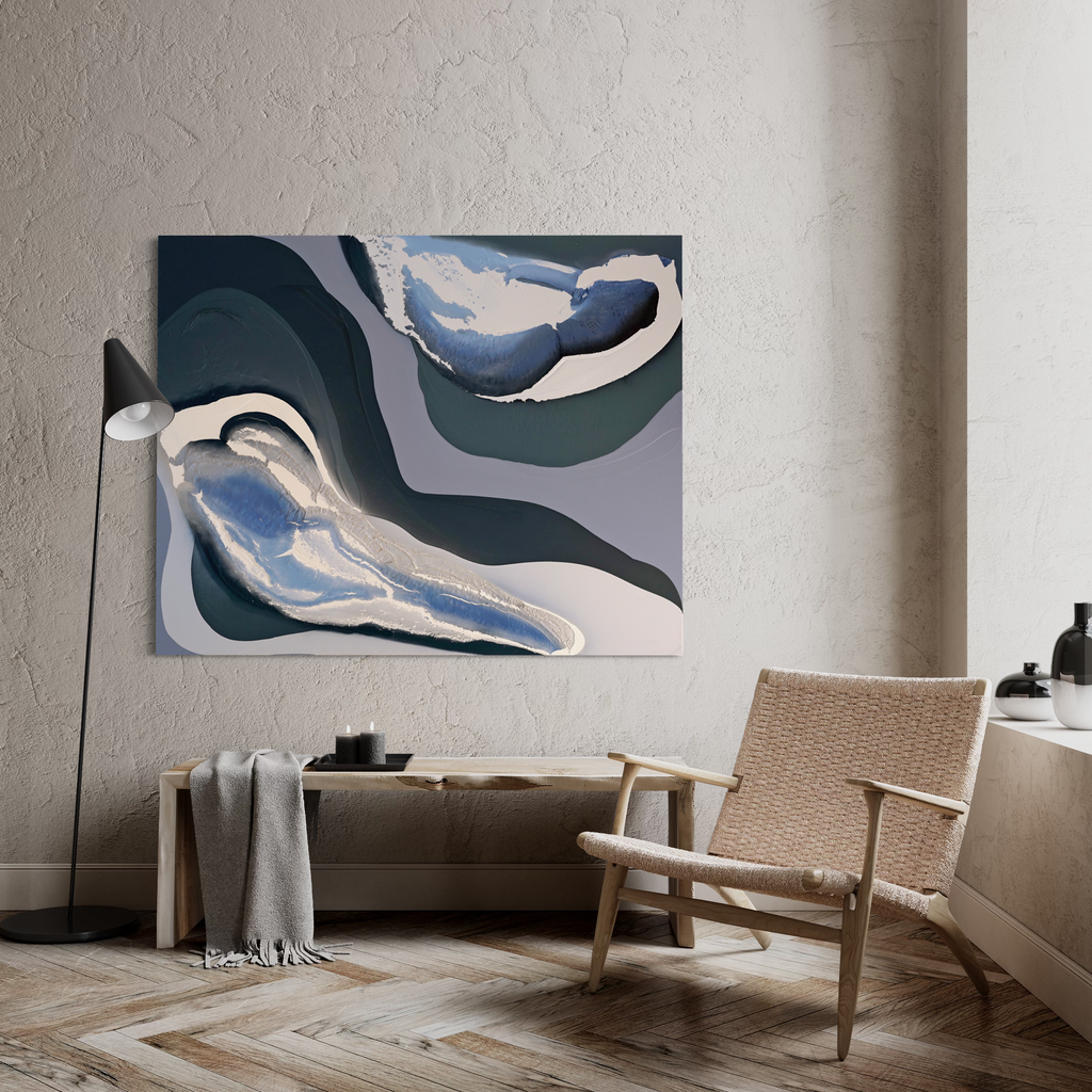 The artwork 'Energy Patterns: Water' by Renee Phillips features fluid abstract waves in deep navy, white, and cool gray tones. Organic curved lines flow across the canvas, creating a dynamic composition reminiscent of water movement. The latex and spray paint technique creates smooth transitions and textural elements against the 48x60 inch canvas by Renee Phillips.