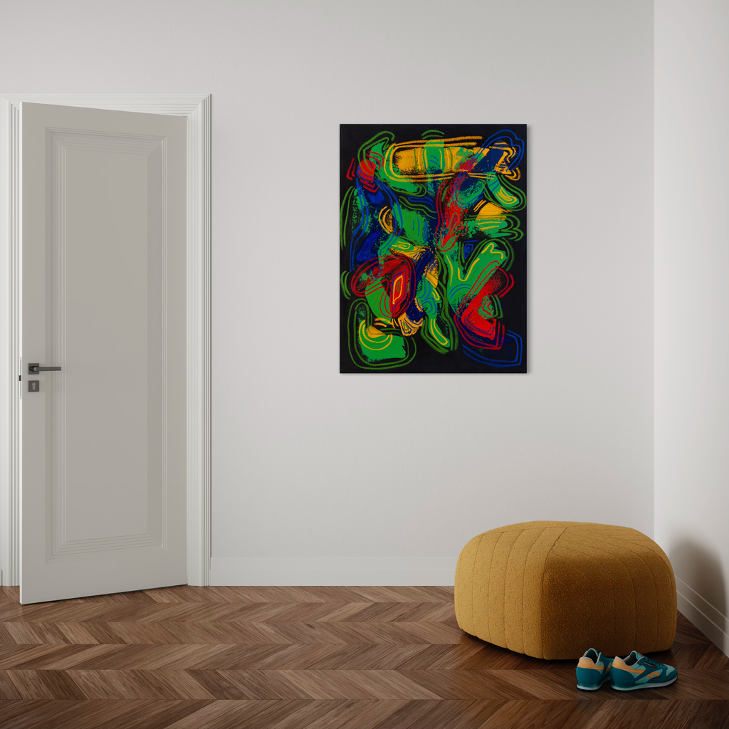 A photo of the artwork We Grew Food in the Garden, by Cole Douglas, hanging on a wall.