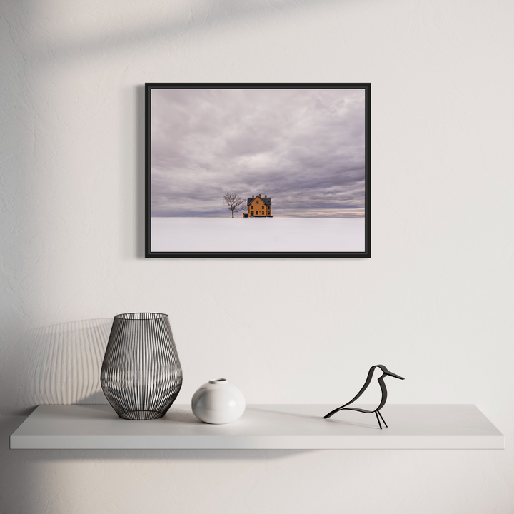 A photo of the artwork Winter's Soft Campaign, by Dennis Maida, hanging on a wall.