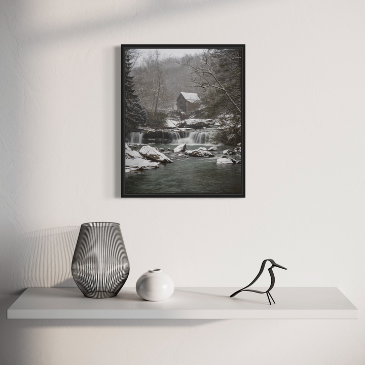 A photo of the artwork Winter's Veil, by Dennis Maida, hanging on a wall.