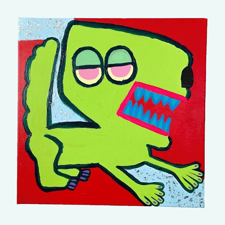 The artwork 'Ignore Reality Let's Dance' by Brandon Hodges features a whimsical cartoon-style character in lime green against a vibrant red background. The character has droopy eyes, a wide geometric mouth with blue teeth, and exaggerated limbs. The painting employs bold outlines, flat colors, and a street art aesthetic on a 12x12 inch canvas. By Brandon Hodges.