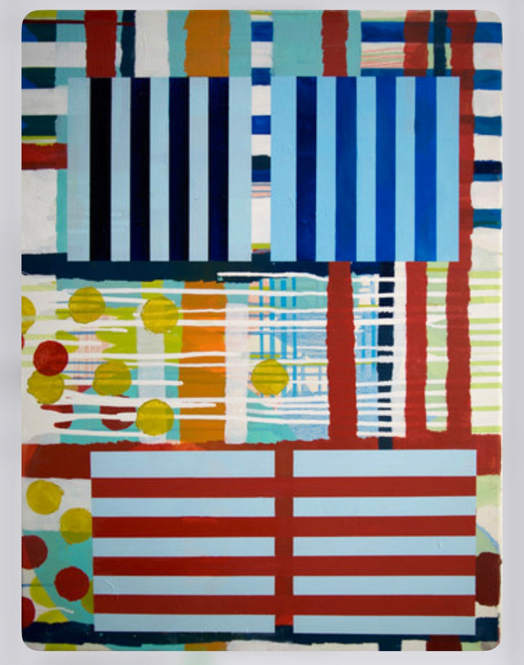 The artwork 'Four Squares' by Linda Schmidt features geometric abstraction with vertical stripes and circular elements in vibrant colors. Bold blues, reds, and yellows create distinct quadrants, with intersecting horizontal and vertical lines. Oil on linen painting showcases layered patterns, combining rigid linear structures with playful dots and fluid brushstrokes.