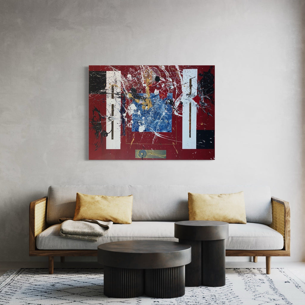 The artwork 'The High Priestess Taking Form' by Dom Hiddo features bold abstract composition with dramatic white vertical forms against a deep crimson background. Energetic splashes of cobalt blue and white create dynamic movement through the center, while textured brushstrokes and paint splatters add depth. The 36x48 inch acrylic and oil canvas combines contemporary abstract expressionism with structured geometric elements. By Dom Hiddo.