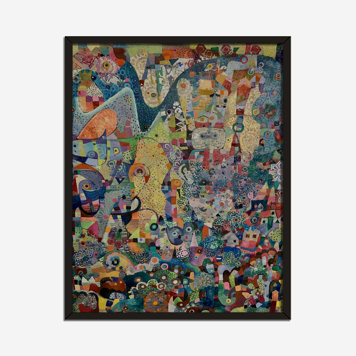 The artwork 'Long Journey Home' by Alise Loebelsohn features an intricate mosaic-like composition with whimsical abstract shapes in vibrant colors. Organic forms and geometric patterns blend together in teal, orange, yellow, and coral hues, creating a playful puzzle-like landscape. The oil and resin on canvas artwork displays a dynamic interplay of curves, circles, and angular elements forming a cohesive yet complex visual narrative - by Alise Lo