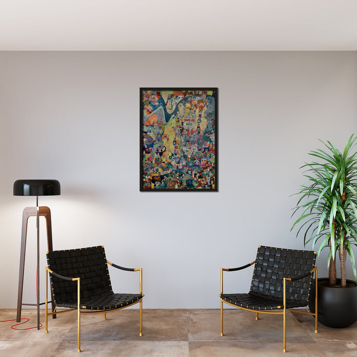 The artwork 'Long Journey Home' by Alise Loebelsohn features a vibrant abstract composition with dynamic swirls of teal, orange, and multicolored patterns. The oil and resin on canvas creates a kaleidoscopic effect with intricate details and flowing forms, suggesting movement and energy. The 46x42 inch piece displays a harmonious blend of bold colors and organic shapes - by Alise Loebelsohn.