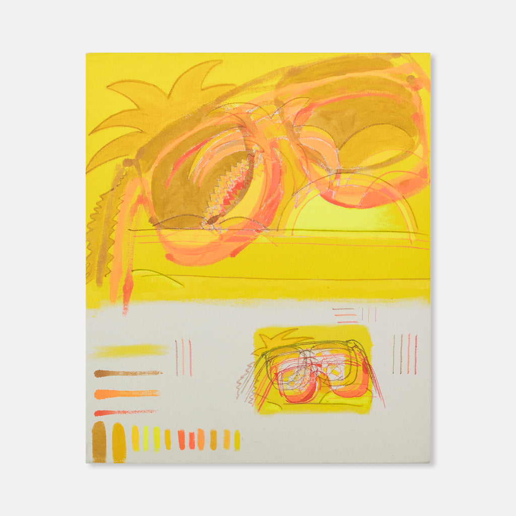 The artwork 'Multiple Pairs of Sunglasses' by Til Will features vibrant yellow and coral abstract forms on a light background. A palm tree silhouette emerges in the upper portion, while stylized sunglasses appear in the center. Bold brushstrokes in orange and yellow create dynamic movement across the 25x21 inch acrylic canvas. Geometric marks and lines in the lower section add rhythmic structure. By Til Will.