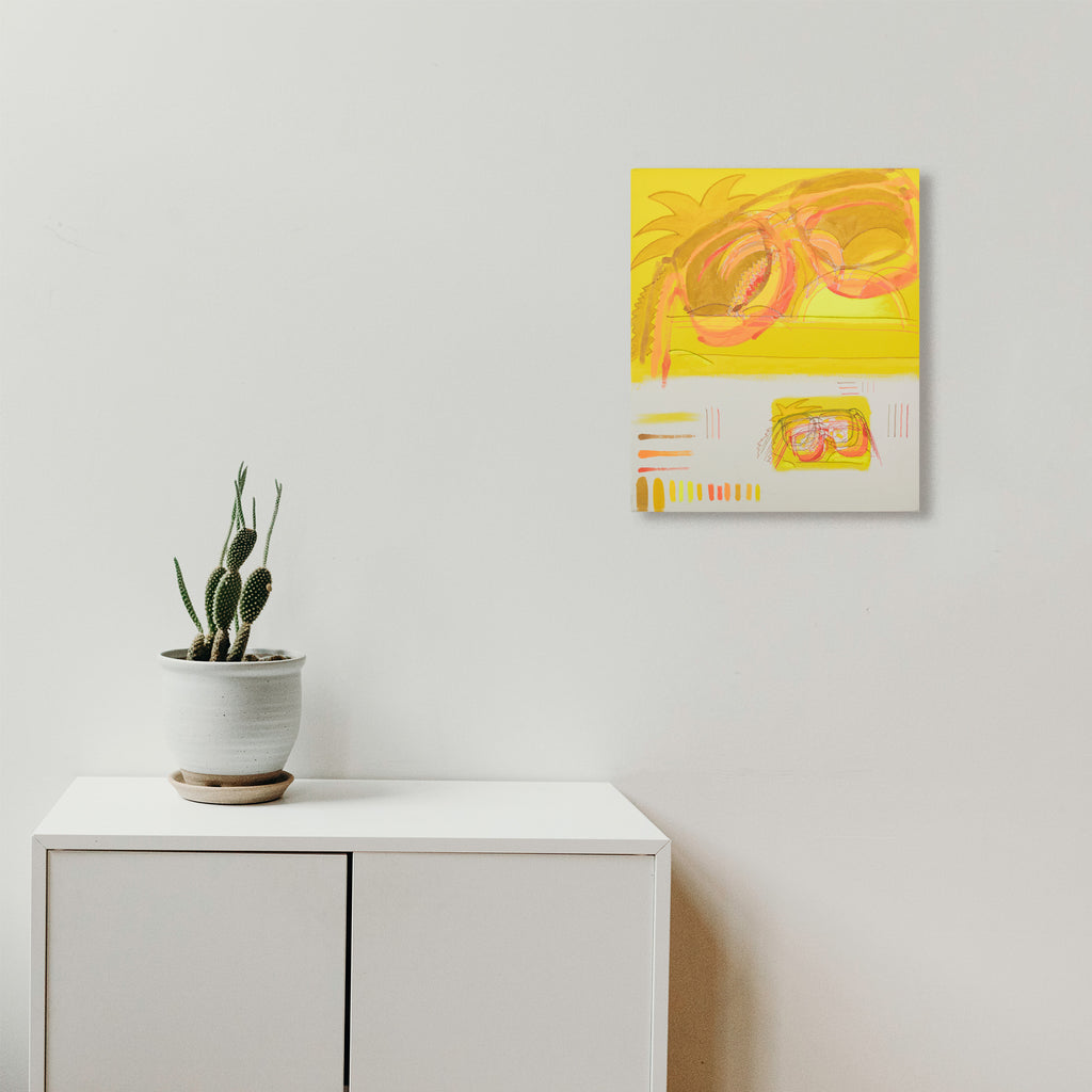 The artwork 'Multiple Pairs of Sunglasses' by Til Will features abstract sunglasses rendered in vibrant yellow and orange hues on a white canvas. Bold brushstrokes create flowing, curved forms suggesting eyewear shapes, with dynamic geometric elements in the lower portion. Acrylic on canvas, the piece combines warm tones and minimalist composition.