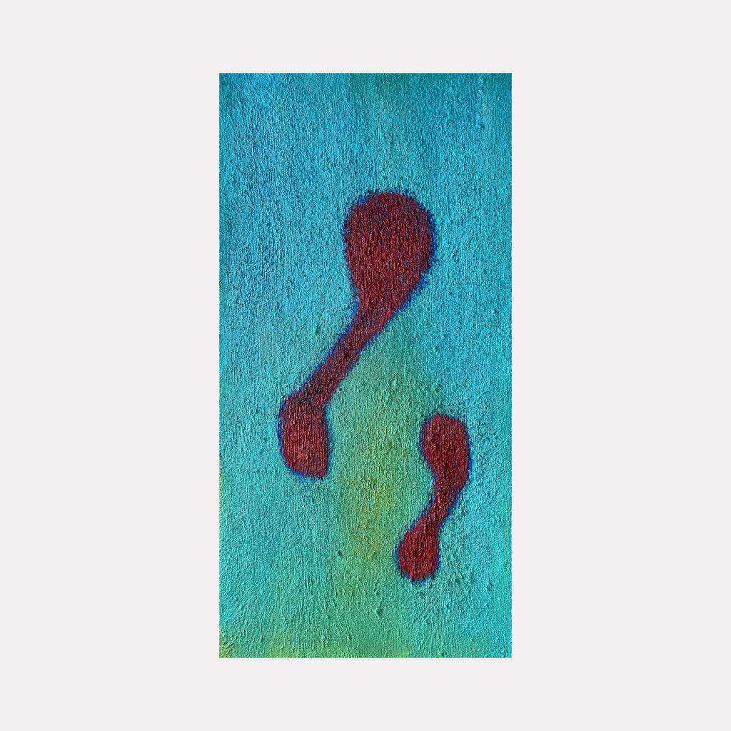 The artwork 'Number 12' by Roberto A Godinez features two abstract burgundy shapes floating against a vibrant turquoise background, with subtle green undertones. The oil painting shows curved, organic forms resembling floating droplets or musical notes, creating a dynamic composition on canvas. 36x18 inches framed artwork by Roberto A Godinez.