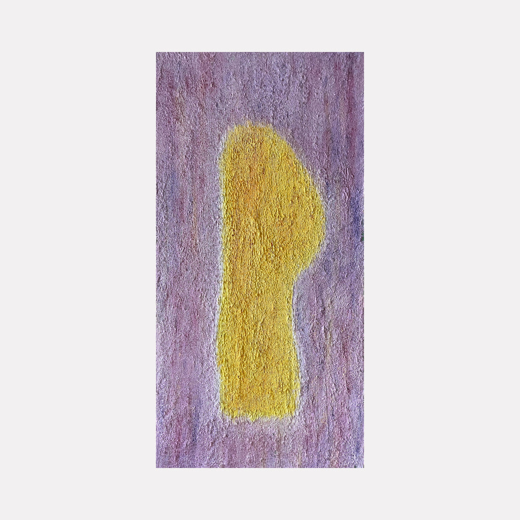 The artwork 'Number 13' by Roberto A Godinez features an abstract golden yellow form floating against a soft lavender background. The central shape appears organic and elongated, with textured brushstrokes creating depth in both the figure and ground. Oil on canvas artwork showcases a minimalist composition with subtle color interplay between warm and cool tones.