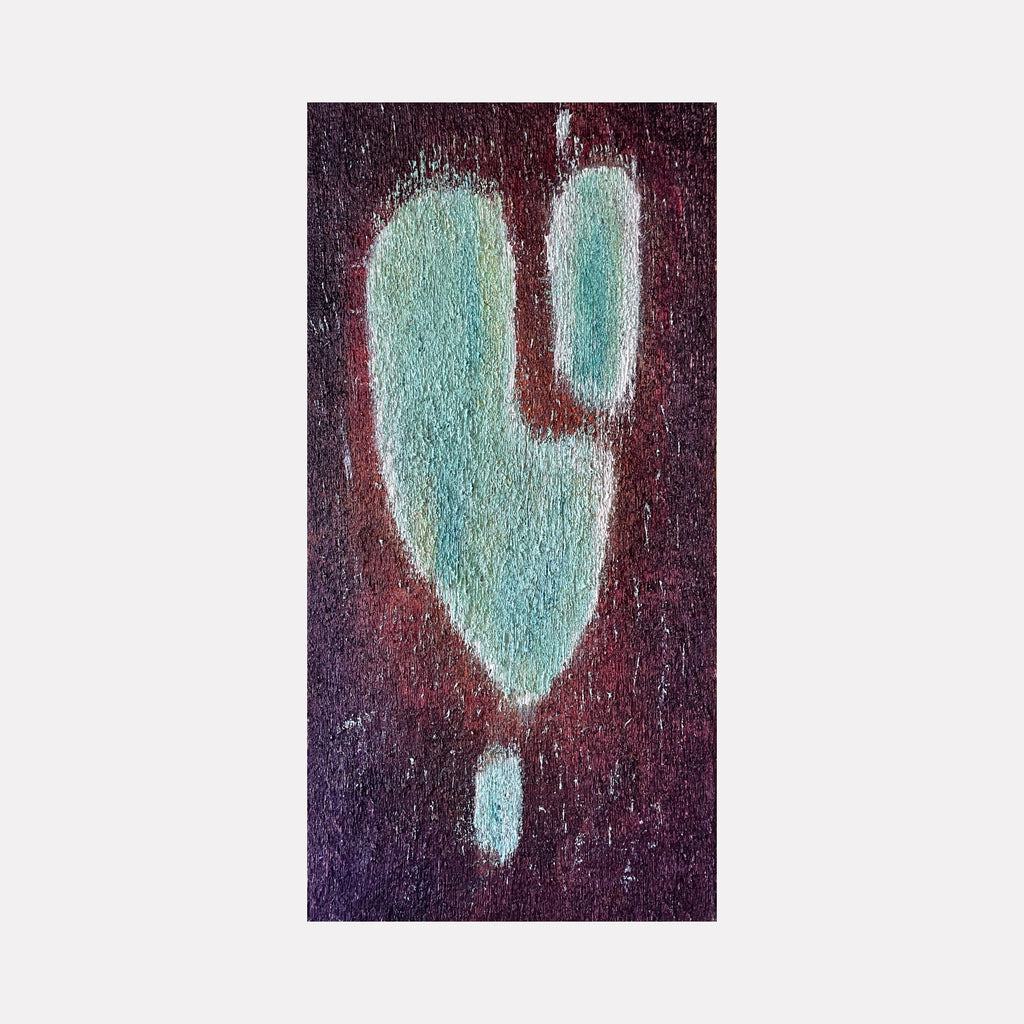 The artwork 'Number 14' by Roberto A Godinez features an abstract turquoise form resembling an inverted exclamation mark against a deep burgundy and purple textured background. The oil painting showcases a distinctive contrast between the cool mint-colored shape and warm dark tones, creating a dynamic visual tension on canvas. The textured brushwork adds depth and movement to the 36x18 inch composition.