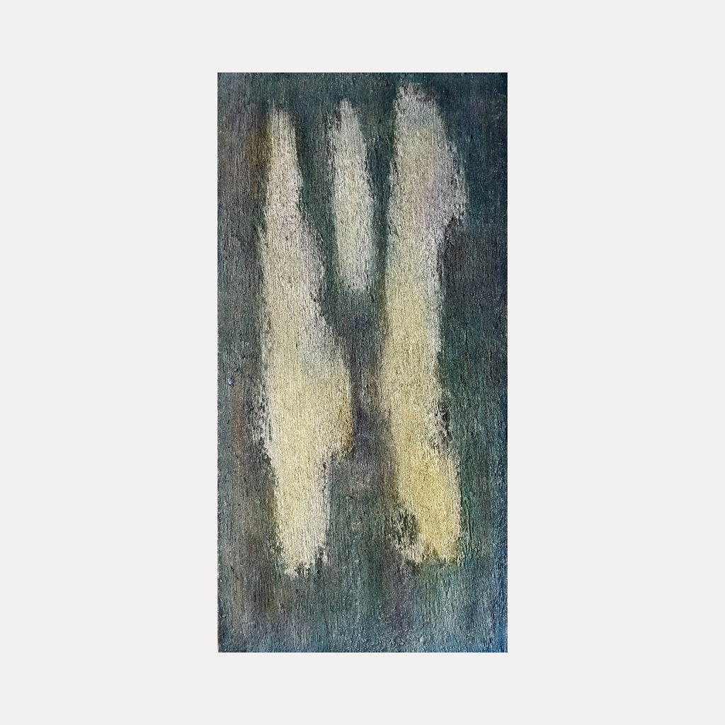 The artwork 'Number 15' by Roberto A Godinez features ethereal vertical brushstrokes in soft cream and yellow tones against a moody deep teal background. The oil painting creates a luminous effect with textured, diffused strokes that appear to float like ghostly columns through the dark atmospheric canvas, measuring 36 inches tall by 18 inches wide.