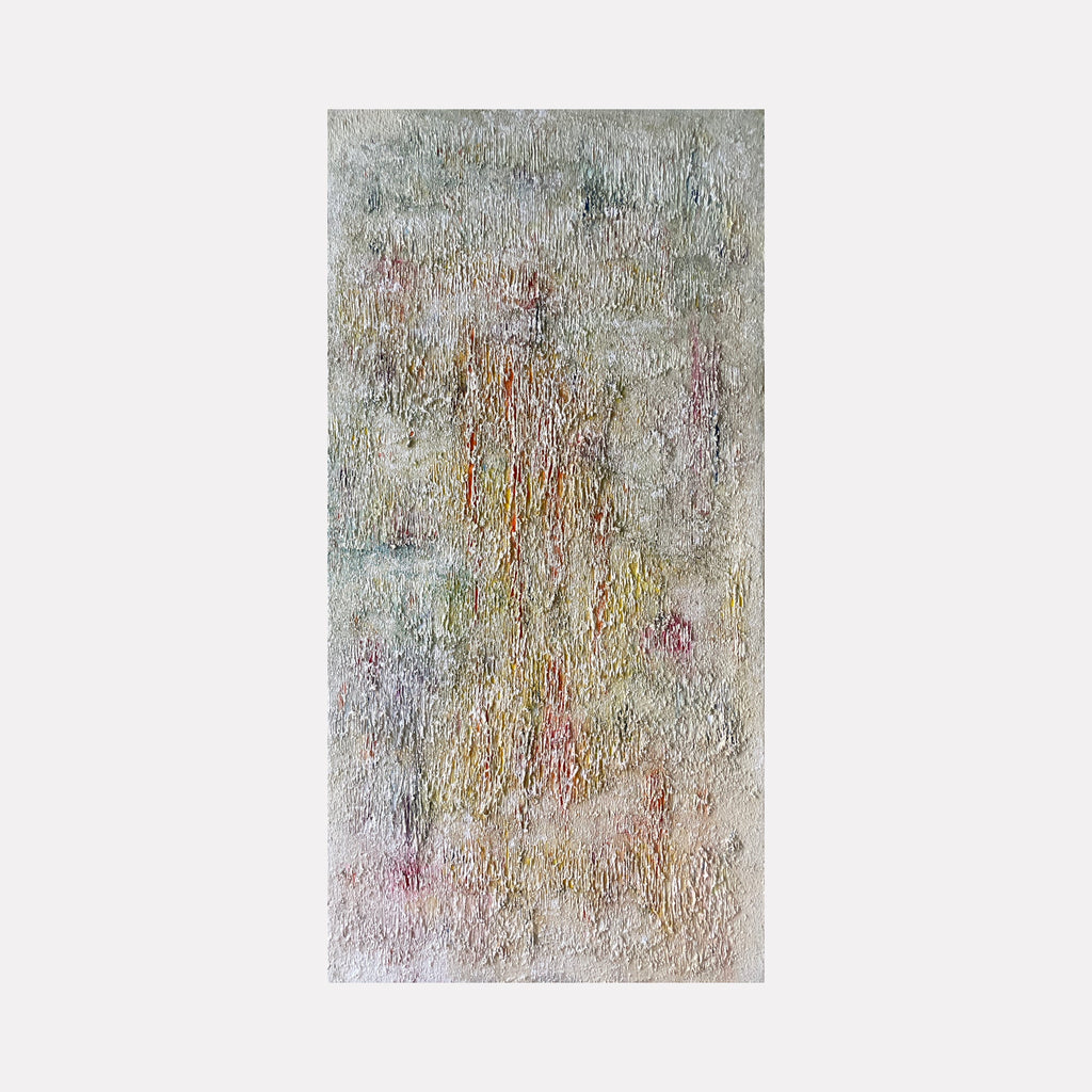 The artwork 'Number 16' by Roberto A Godinez features a textured abstract composition with muted pastel tones. Delicate layers of paint create a weathered, fresco-like surface with subtle hints of pink, yellow, and sage green. The vertical oil painting showcases an ethereal, atmospheric quality with organic brushstrokes and scraped textures on canvas.